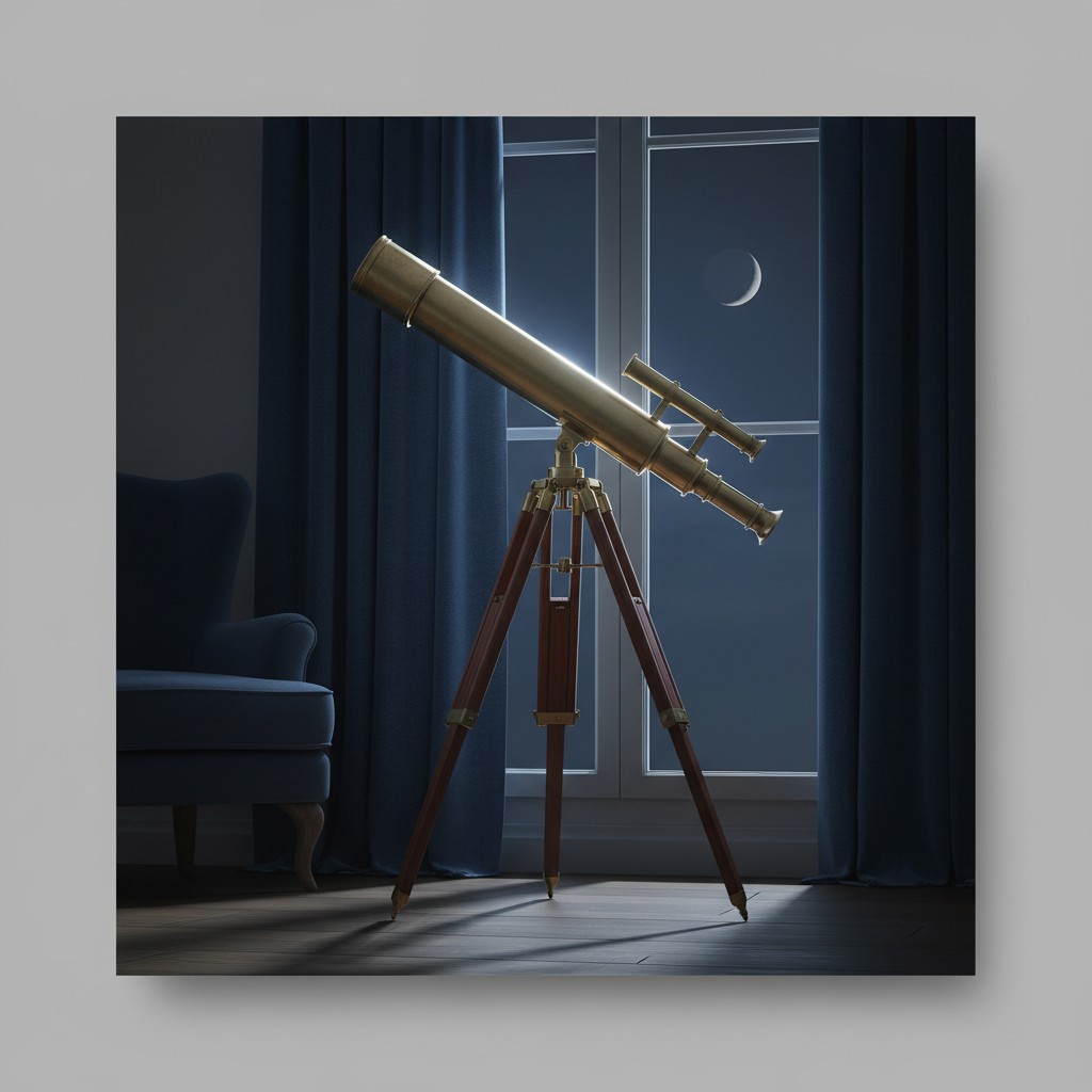 A room at night with a telescope, wooden tripod, dark blue curtains, and a moonlit window.